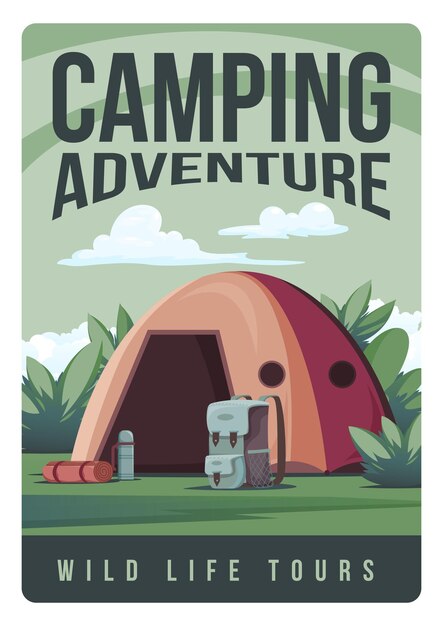 Cartel de aventura de camping con composición vertical de texto y paisaje al aire libre con mochila de tienda e ilustración de vector de alfombra