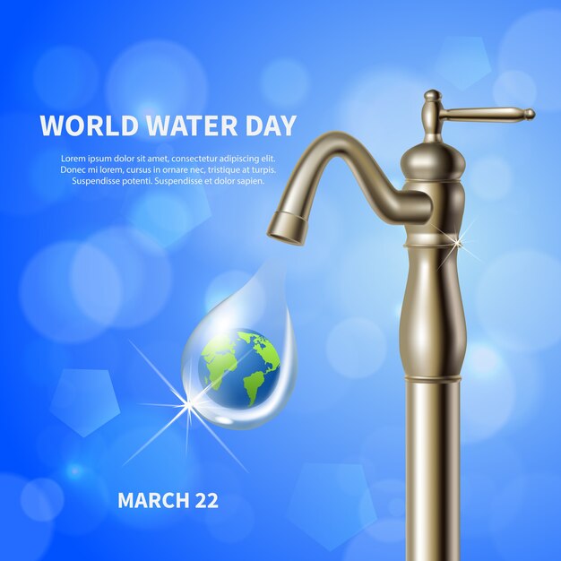 Cartel azul de publicidad del día mundial del agua con grúa de agua e imagen de tierra verde en fondo realista