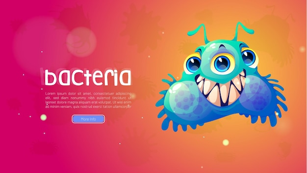 Vector gratuito cartel de bacterias con carácter de virus divertido sobre fondo rojo banner médico vectorial con ilustración de dibujos animados de microbio germen lindo o microorganismo célula de bacteria azul cómica con dientes y ojos