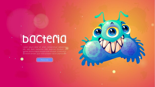 Cartel de bacterias con carácter de virus divertido sobre fondo rojo Banner médico vectorial con ilustración de dibujos animados de microbio germen lindo o microorganismo Célula de bacteria azul cómica con dientes y ojos