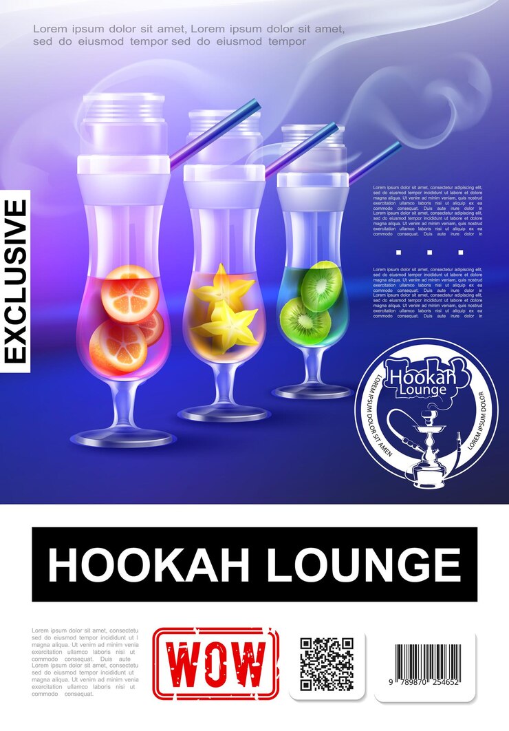 Vector gratuito cartel de barra de cachimba de élite realista con cachimba de vapor exclusiva en vasos con ilustración de kiwi naranja y anís estrellado
