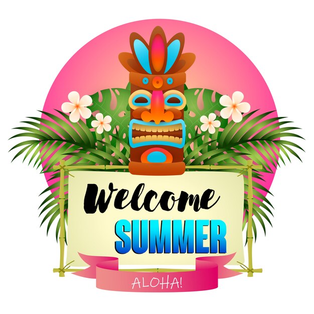 Cartel de bienvenida de verano. Máscara de madera tribal tiki