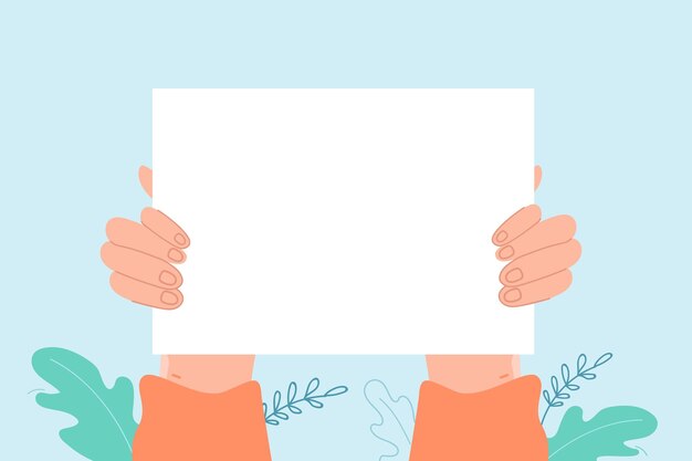 Cartel en blanco en la ilustración de vector plano de manos. Manos con carteles vacíos, vallas publicitarias, tableros o pancartas para varios mensajes, protestas políticas o sociales. Anuncio, concepto de demostración