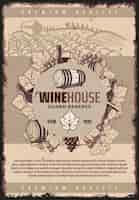 Vector gratuito cartel de bodega vintage con botellas de vino de barril de madera de vino racimo de uvas sacacorchos en el paisaje del viñedo
