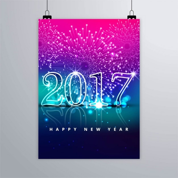 Vector gratuito cartel brillante de año nuevo 2017 de fuegos artificiales