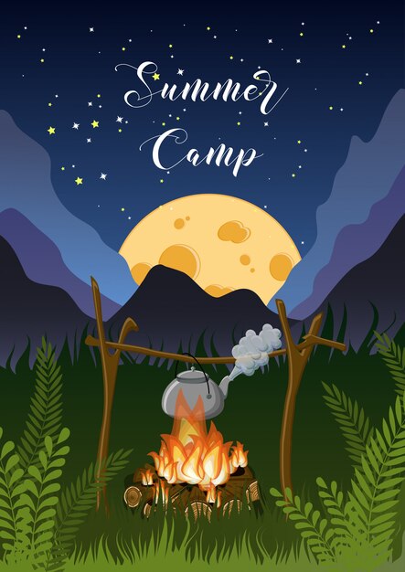 Cartel del campamento de verano con la montaña de noche, hierba, paisaje lunar, fogata, hervidor de agua en el cielo estrellado.