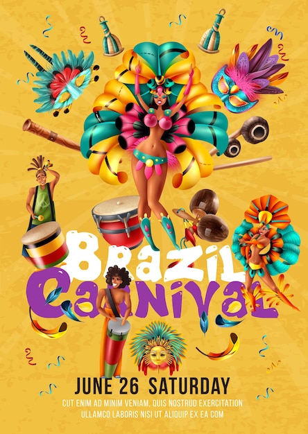 Cartel de carnaval de Brasil con ilustración de bailarines, músicos y máscaras