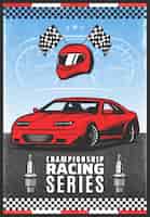 Vector gratuito cartel de carreras de coches deportivos de color vintage con inscripción automóvil rápido acabado cruzado banderas cascos bujías