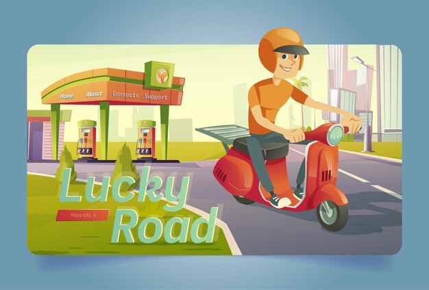 Cartel de la carretera de la suerte gasolinera con hombre en scooter