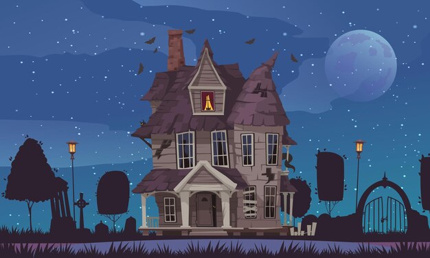 Cartel de la casa de terror con edificio descuidado con cementerio nocturno en la ilustración de vector de dibujos animados de fondo