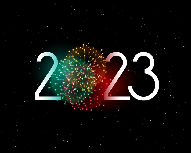Cartel de celebración de evento de año nuevo 2023 con coloridos fuegos artificiales.