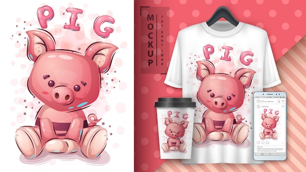 Cartel de cerdo rosa y merchandising.