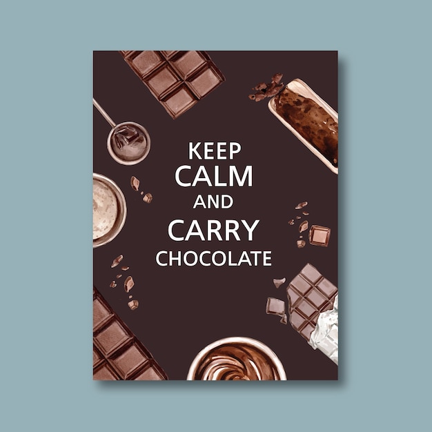 Vector gratuito cartel de chocolate con ingredientes haciendo barra de chocolate roto, ilustración acuarela