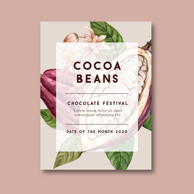 Vector gratuito cartel de chocolate con ingredientes rama cacao, ilustración acuarela