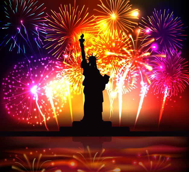 Cartel colorido del día de la independencia con la silueta de la estatua de la libertad en la ilustración realista de brillantes fuegos artificiales festivos