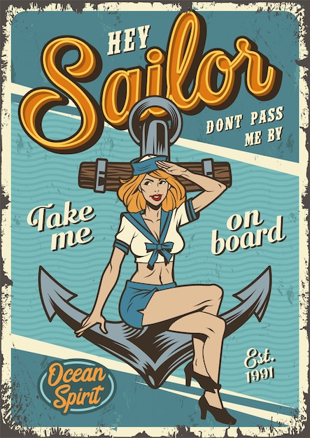 Vector gratuito cartel colorido marino vintage con pin up girl