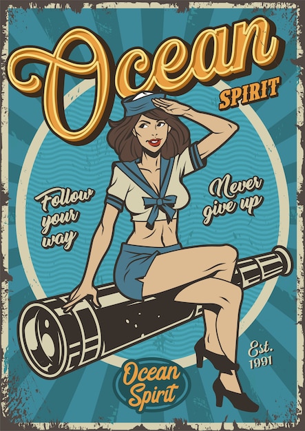 Cartel colorido marino vintage con pin up girl