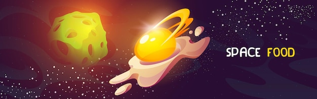 Cartel de comida espacial con huevo y queso en cosmos.