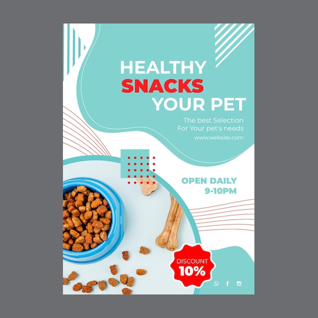 Vector gratuito cartel de comida para mascotas con foto.