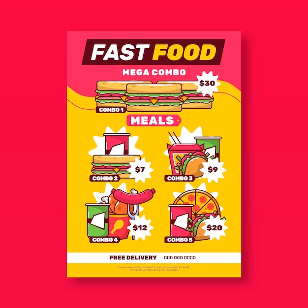 Cartel de comida rápida de comidas combinadas.