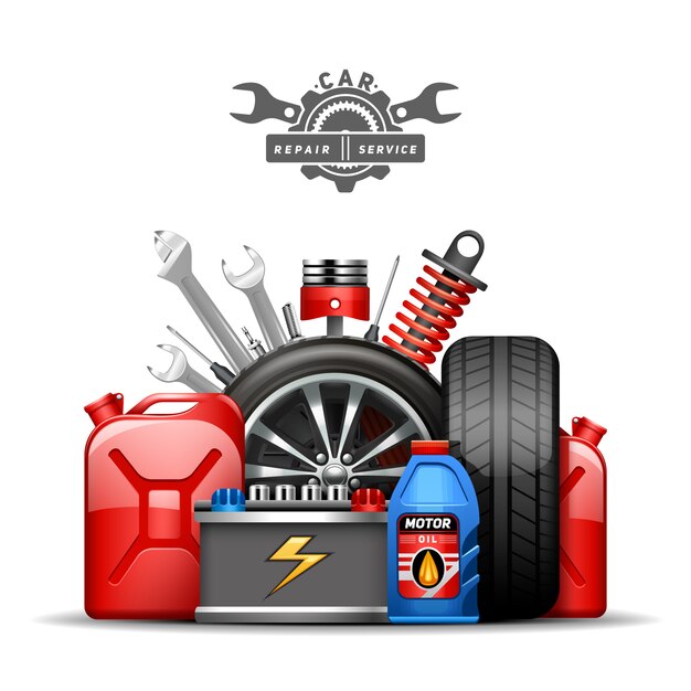 Cartel de composición de anuncio de centro de servicio de coche con ruedas bombona de aceite y gas de neumáticos