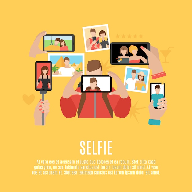Cartel de composición de iconos planos de fotos Selfie