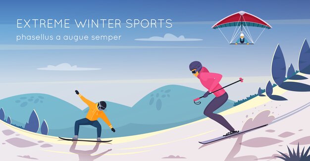 Cartel de composición plana de actividades deportivas extremas con snowboard, esquí y kitesurf.