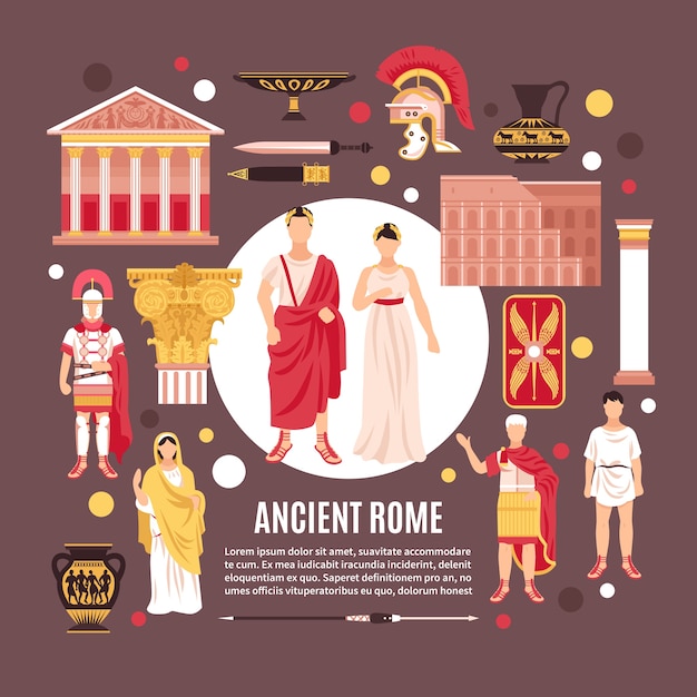 Cartel de composición plana de monumentos históricos de arquitectura de cultura de ciudadanos de roma antigua