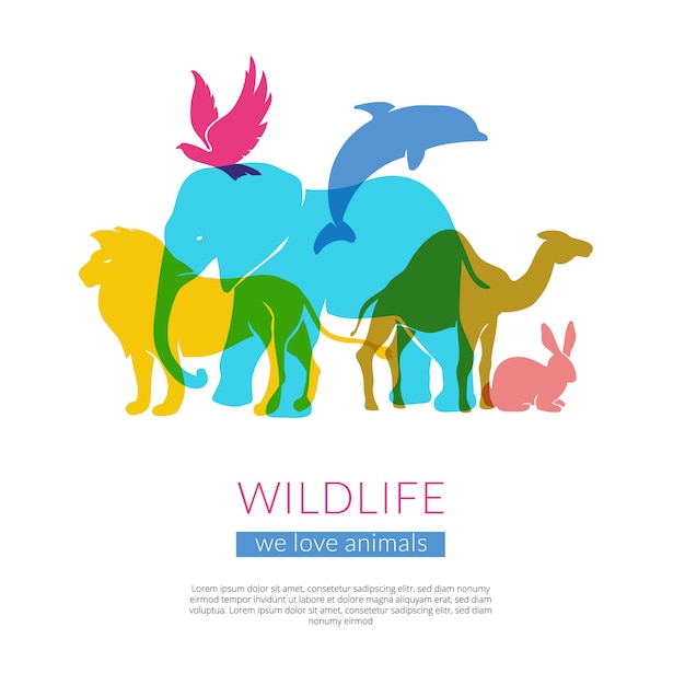 Vector gratuito cartel de composición de siluetas coloridas coloridas de aves y animales silvestres con elefante león águila y camello ilustración vectorial
