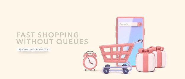 Cartel de compras en línea con despertador realista carrito de productos regalos teléfono ilustración vectorial