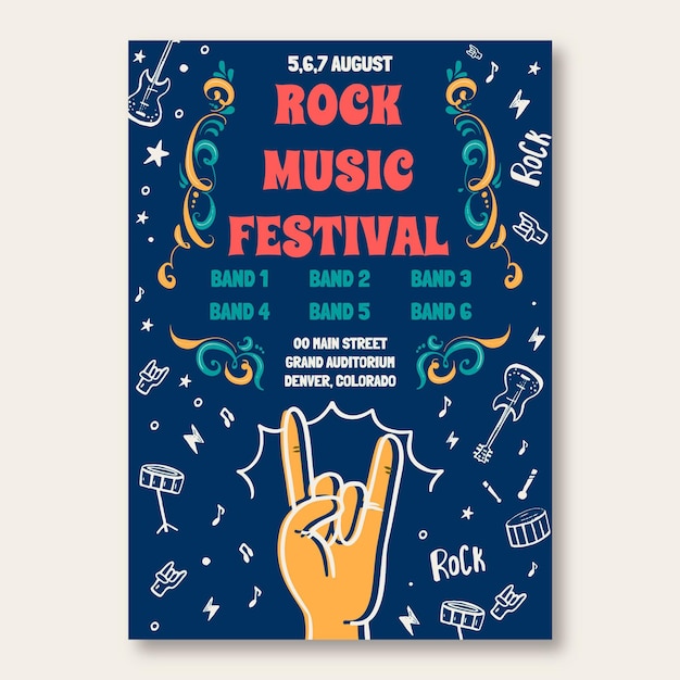 Cartel creativo del evento musical del concierto de rock del doodle