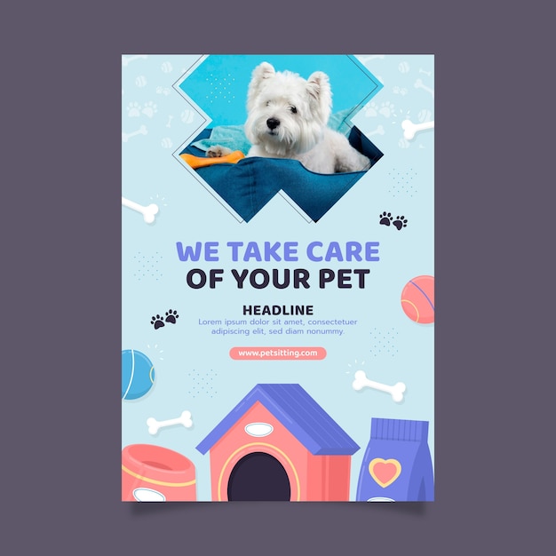 Cartel de cuidado de mascotas de diseño plano
