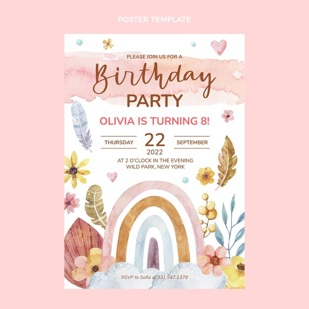 Cartel de cumpleaños de acuarela boho