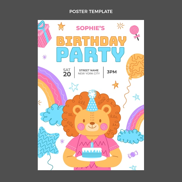 Cartel de cumpleaños infantil dibujado a mano