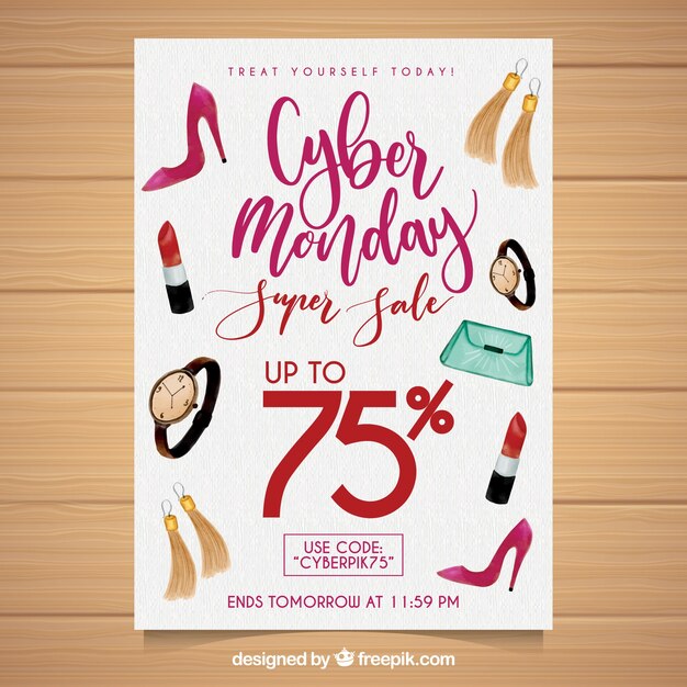 Cartel de cyber monday con elementos de acuarela