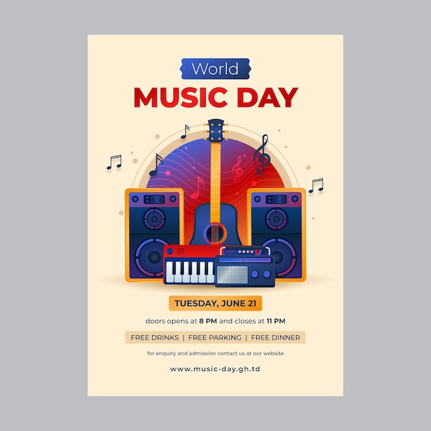 Vector gratuito cartel degradado del día mundial de la música con piano.