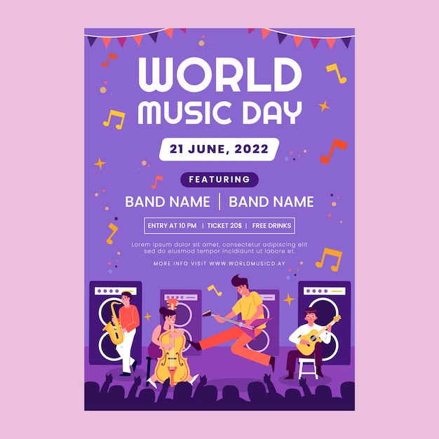 Cartel del día mundial de la música dibujado a mano con banda