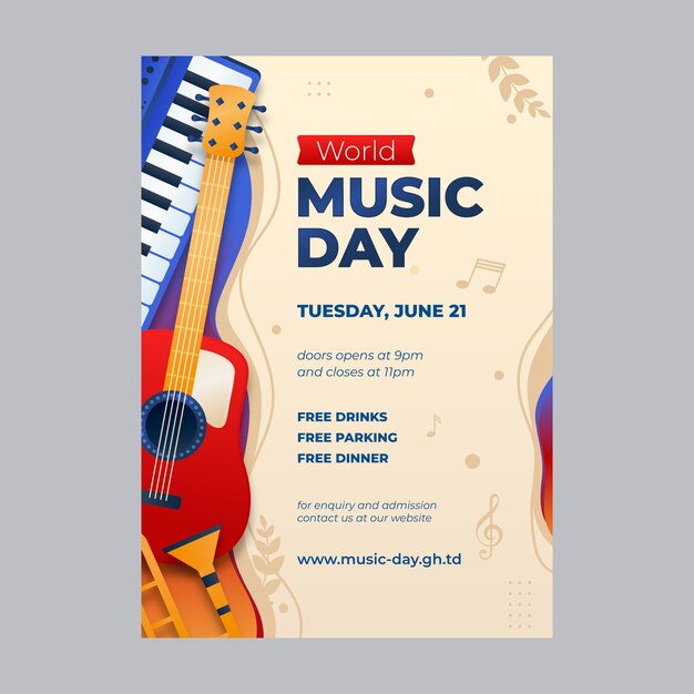 Cartel del día mundial de la música con instrumentos.