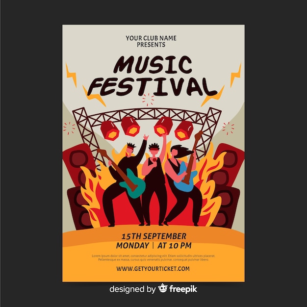 Vector gratuito cartel dibujado a mano para festival de rock
