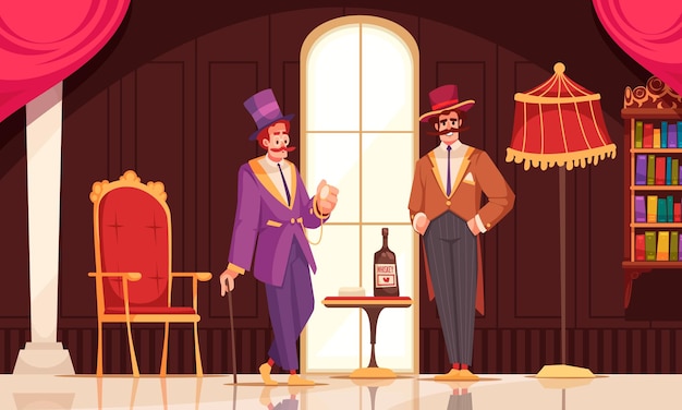 Cartel de dibujos animados aristócrata con caballeros en ropa elegante bebiendo ilustración de vector de whisky