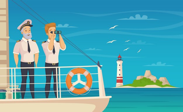 Cartel de dibujos animados de capitán de tripulación de barco