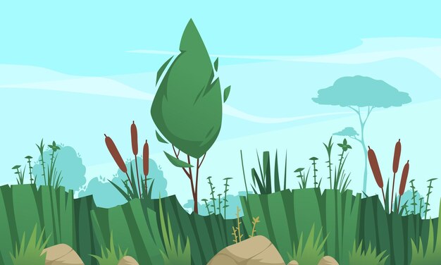 Cartel de dibujos animados del ecosistema de humedales con ilustración de vector de diversidad de flora de pantano