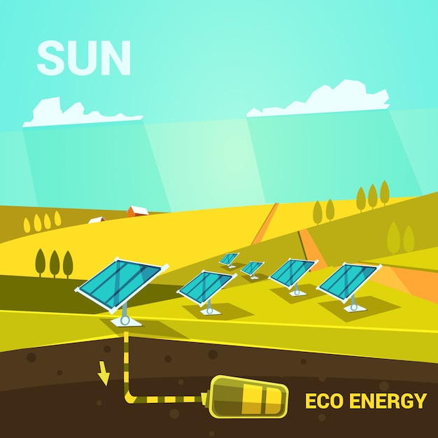 Vector gratuito cartel de dibujos animados de energía ecológica con paneles de energía solar en un estilo retro de campo