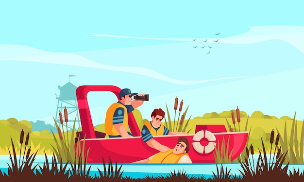 Cartel de dibujos animados de escape de emergencia con rescatistas salvando al hombre de la ilustración de vector de agua