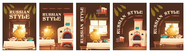 Cartel de dibujos animados de estilo ruso con cocina rural