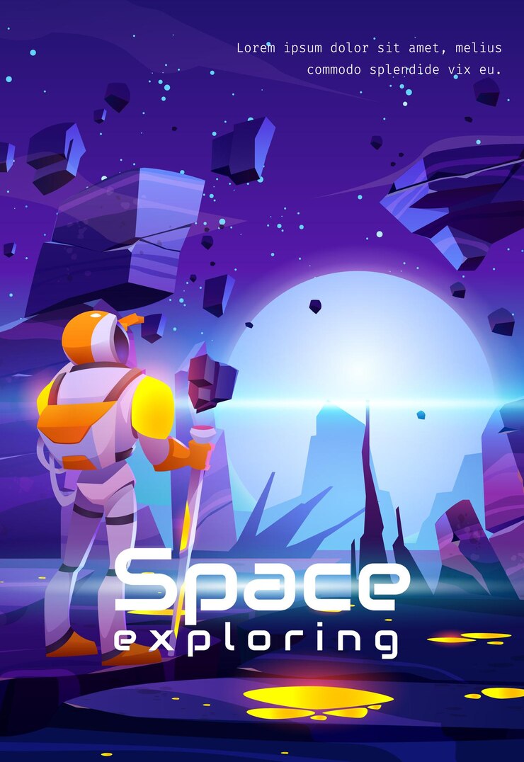 Vector gratuito cartel de dibujos animados de exploración espacial. el astronauta en el planeta alienígena en la galaxia lejana cosmonauta en traje y casco mantenga personal mirando un paisaje inusual