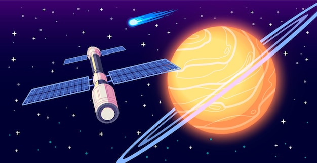 Cartel de dibujos animados de exploración espacial con saturno y ilustración de vector de estación cósmica