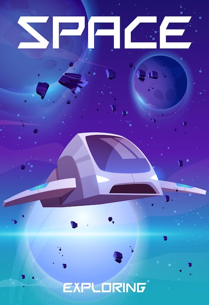 Cartel de dibujos animados explorando el espacio cohete en la galaxia exterior con planetas en la nebulosa del cielo estrellado y rocas voladoras