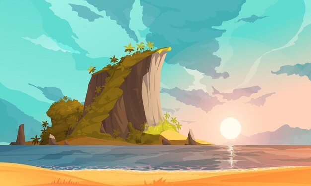 Cartel de dibujos animados de isla tropical con sol naciente sobre la ilustración de vector de mar