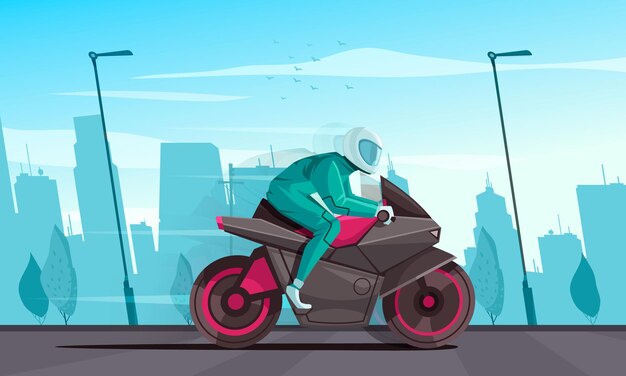 Cartel de dibujos animados de motocicleta con ciclista en ropa deportiva montando una ilustración de vector de bicicleta